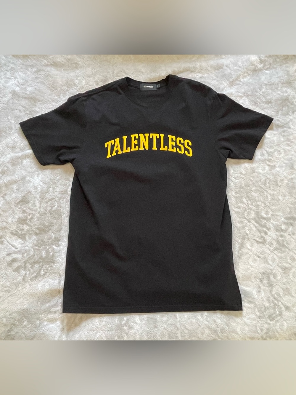 TALENTLESS- Men’s Large- Black T-Shirt with Yellow Flocked Logo